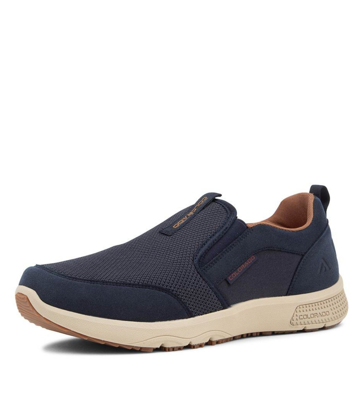 The Colorado Saka Casual Shoe features a dark blue breathable mesh upper, complemented by a beige rubber sole and a small loop on the heel for easy wearing. Darker fabric overlays provide additional support to its structure, while a cushioned phylon midsole and arch support ensure utmost comfort. Subtle branding elements add the finishing touches to this stylish shoe.