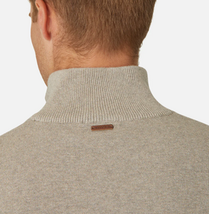 A close-up of the back of a person's neck and shoulders, wearing the Industrie The Lakewood Zip Neck sweater in light gray rib knit, featuring a high collar and a small brown "Made in Italy" tag by the collar.