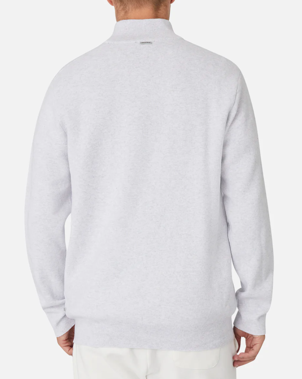 A person is shown from the back wearing the Industrie The Lakewood Zip Neck jumper in light gray 100% cotton with a ribbed hem and cuffs, paired with white pants against a plain white background.