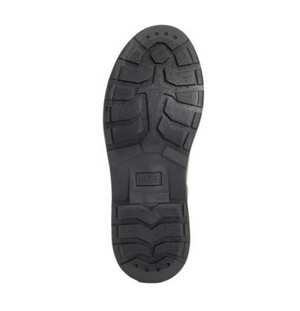 The Muck Boot Originals Womens Ankle Boot sole is made of black rubber with deep, rugged treads for traction. Seen from the bottom on a white background, it features a rectangular logo at the center and is designed for women’s ankle boots.