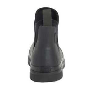 A rear view of the Muck Boot Originals Womens Ankle Boot in black, showing a pull tab, textured sole, and antimicrobial footbed, photographed against a white background.