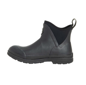 The Muck Boot Originals Womens Ankle Boot, shown in black side profile with a pull tab, features an antimicrobial footbed and textured sole, set against a white background.