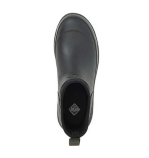 Top view of the Muck Boot Originals Women's Ankle Boot in black rubber with a pull tab. It has a logo-stamped inner sole, antimicrobial footbed for comfort, and a smooth matte waterproof exterior to keep feet dry in any weather.