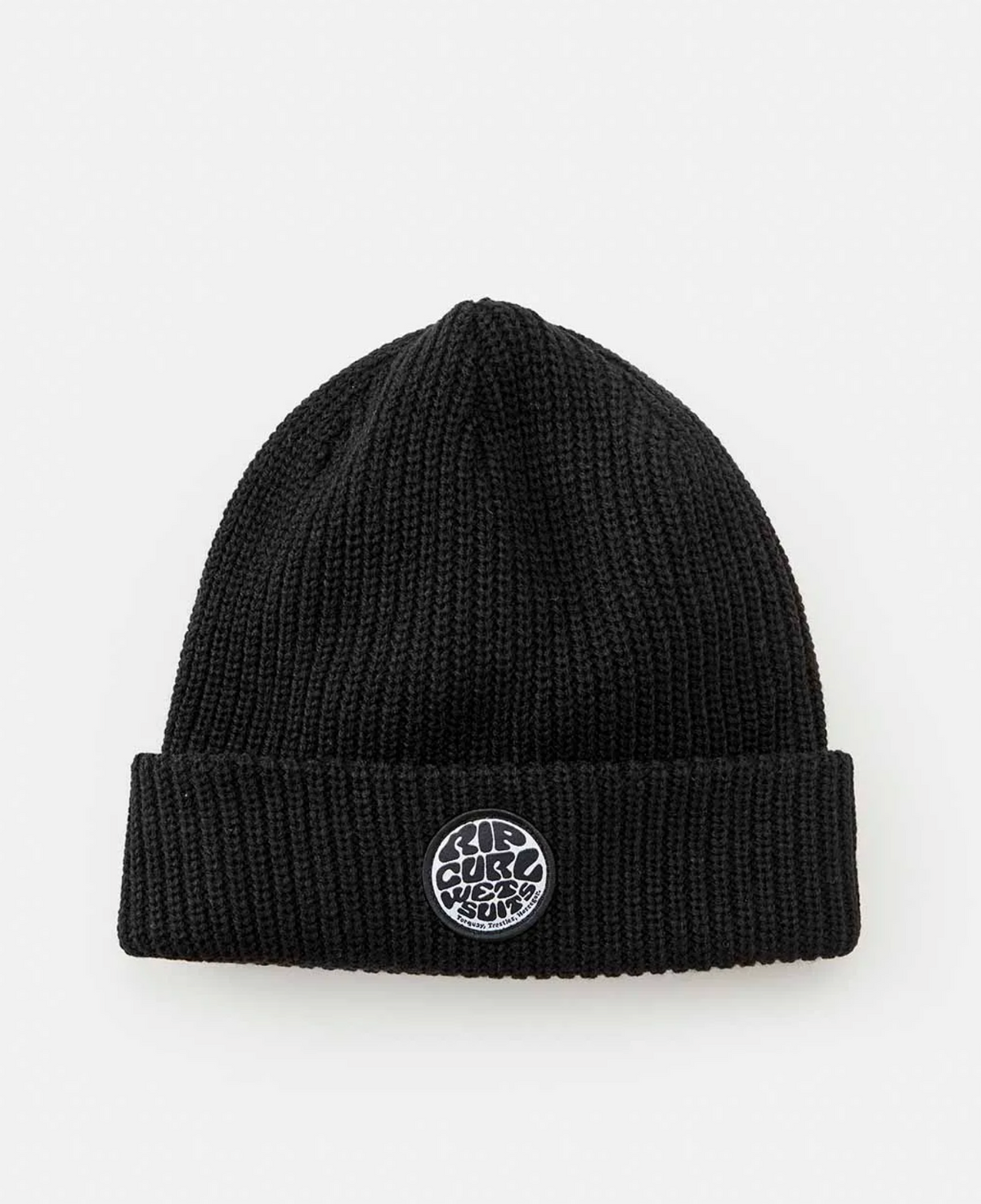 The Rip Curl Icons Reg Beanie is a black fleece-lined beanie with a folded cuff and a circular patch with an abstract design. Perfect for warmth and style, it embodies Rip Curl's laid-back vibe.