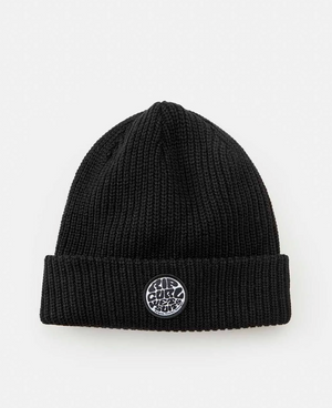 The Rip Curl Icons Reg Beanie is a black fleece-lined beanie with a folded cuff and a circular patch with an abstract design. Perfect for warmth and style, it embodies Rip Curl's laid-back vibe.