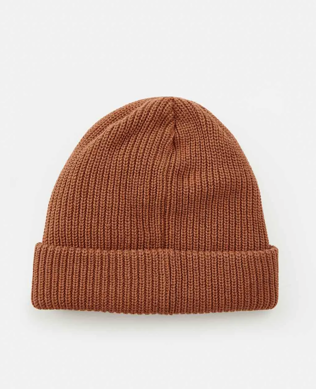 The Rip Curl Icons Reg Beanie, a brown knitted hat with a cozy fleece lining and folded brim, is displayed against a plain white background.