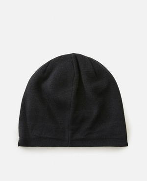 A black Rip Curl Cutback Revo Beanie with a reversible design is laid flat on a light background.