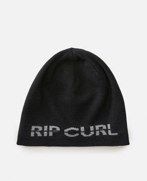 The Rip Curl Cutback Revo Beanie features "RIP CURL" in gray on the front, offering a reversible design that blends style and versatility against a plain white background.