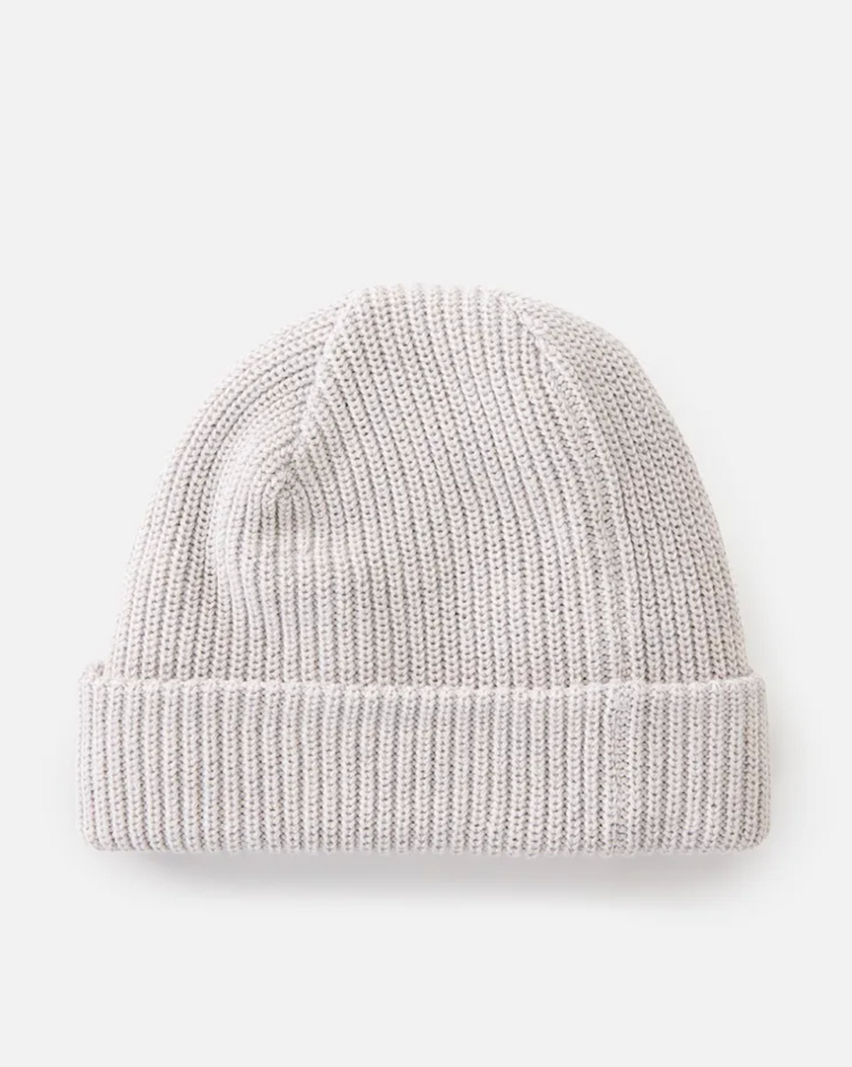 The Rip Curl Dusk Fleece Lined Regular Beanie, shown in light gray with a classic rib knit and folded brim, is displayed flat on a white background.