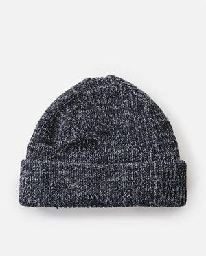 The Rip Curl Dusk Fleece Lined Regular Beanie is a dark gray rib knit with a folded brim and marled black-and-white threads, shown on a plain white background.
