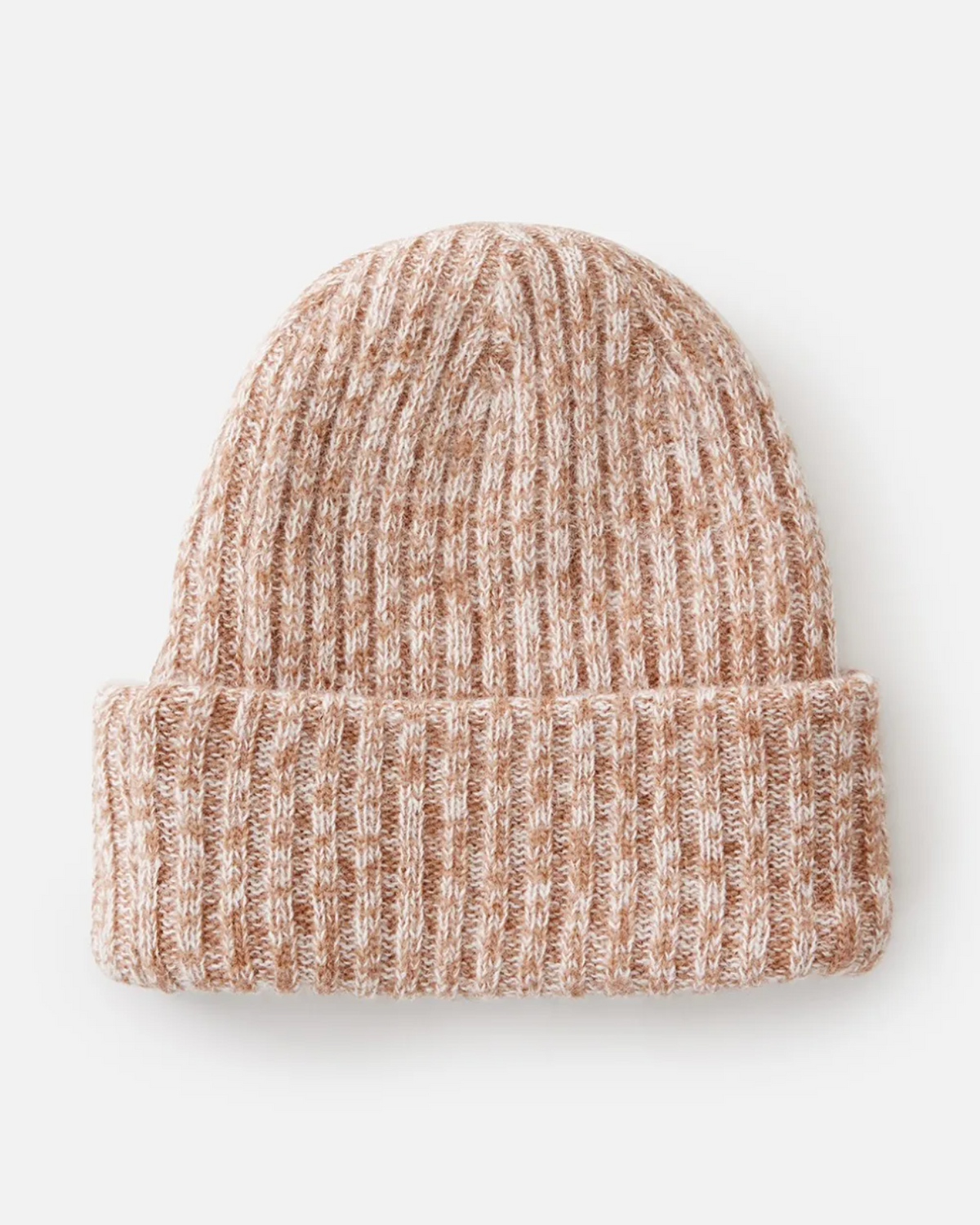 A cozy Rip Curl Twist Wool Blend Beanie in a warm, light brown color with a ribbed-knit design and folded brim, displayed on a plain white background.