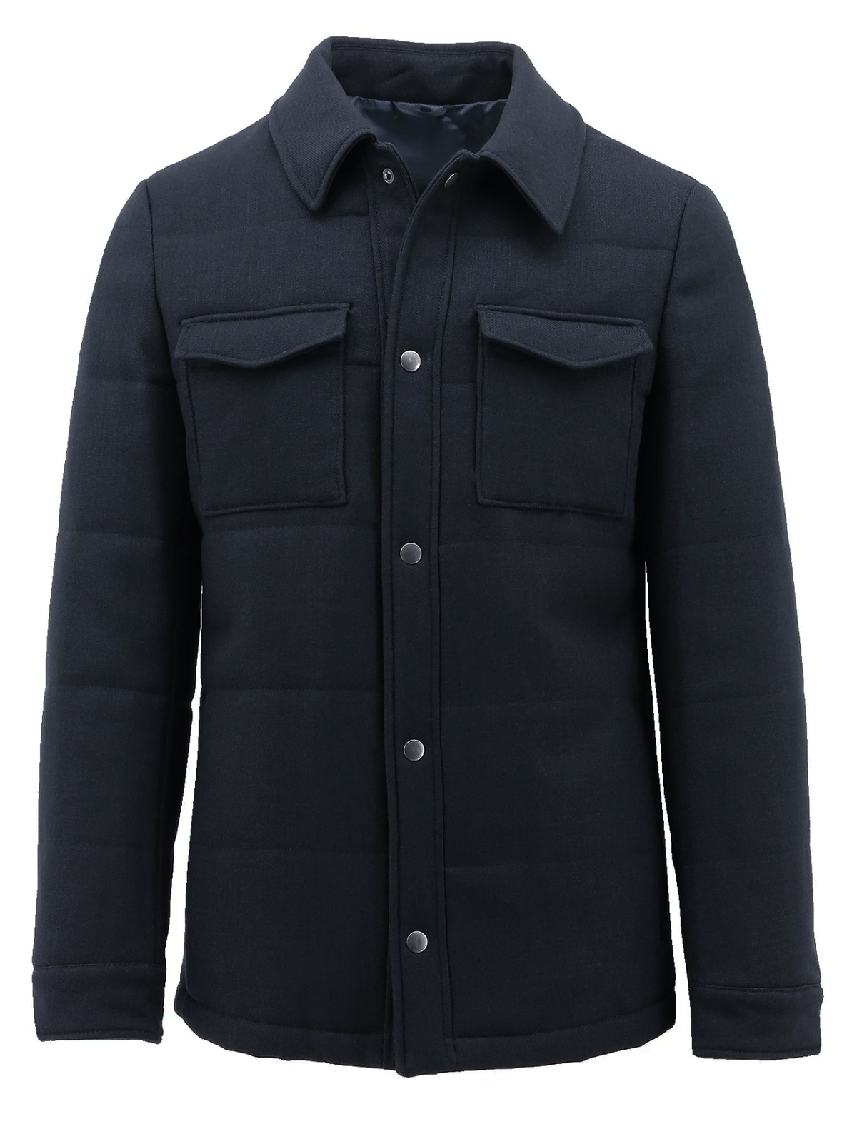 The Daniel Hechter Vizzini black jacket boasts quilted detailing, a button-up design with a collar, and two chest pockets. Displayed on a white background, it highlights its elegant front design and striking silver buttons.