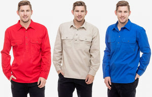 A man with light brown hair models the Swanndri Bendigo Work Shirt in red, beige, and blue against a white background, each paired with black pants for a classic look.