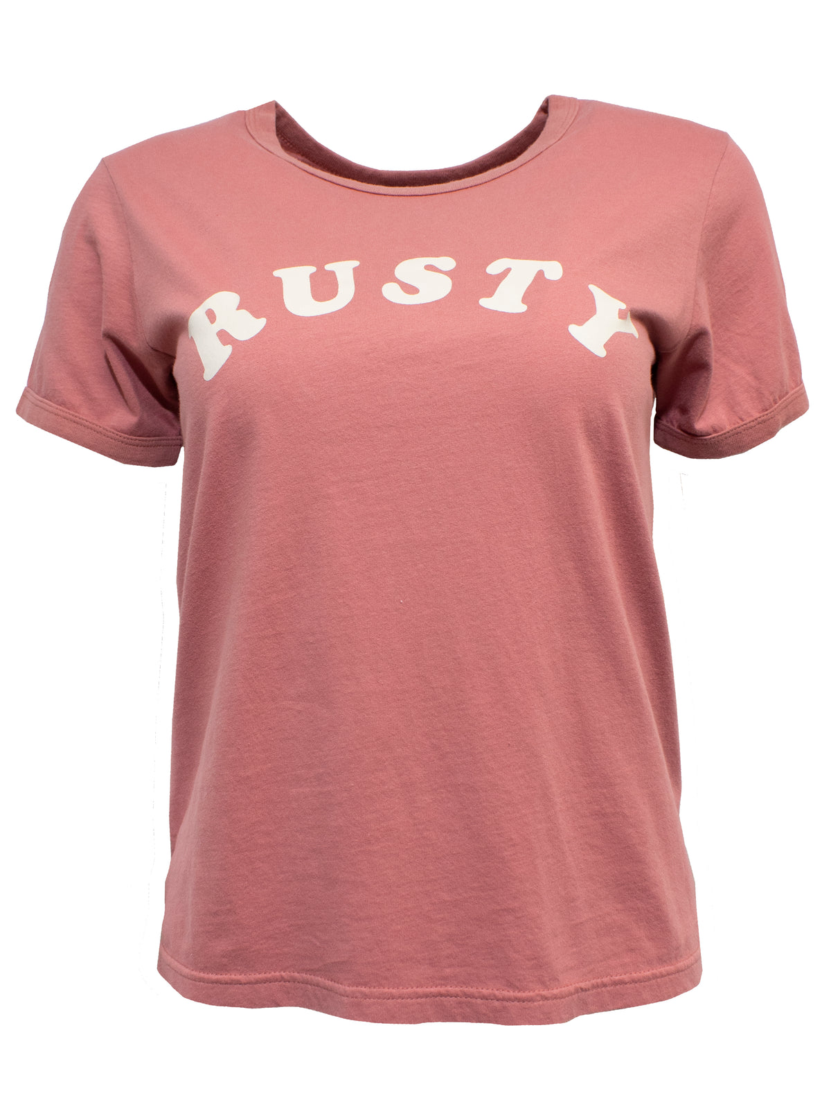 The Rusty Yesteryear Ringer Tee is a short-sleeved, pink cropped T-shirt with a relaxed fit and bold white "RUSTY" lettering across the front, shown on a plain white background.