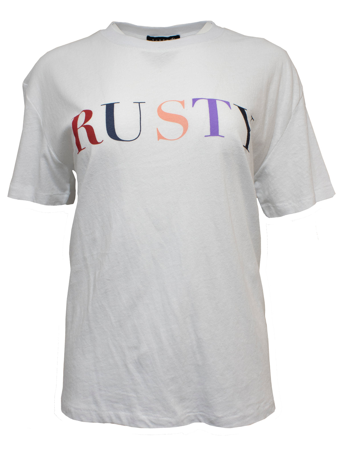 The Rusty Fundamental Short Sleeve Tee is a plain white crew neck casual t-shirt featuring "RUSTY" printed in large, multi-colored capital letters across the chest.