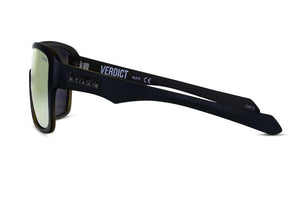 Side view of Liive Verdict Mirror Sunglasses—black frame with "VERDICT" and "LTVE" branding on the arms, green-tinted UV-protected lenses, and a thick, angled silhouette crafted from lightweight polycarbonate.