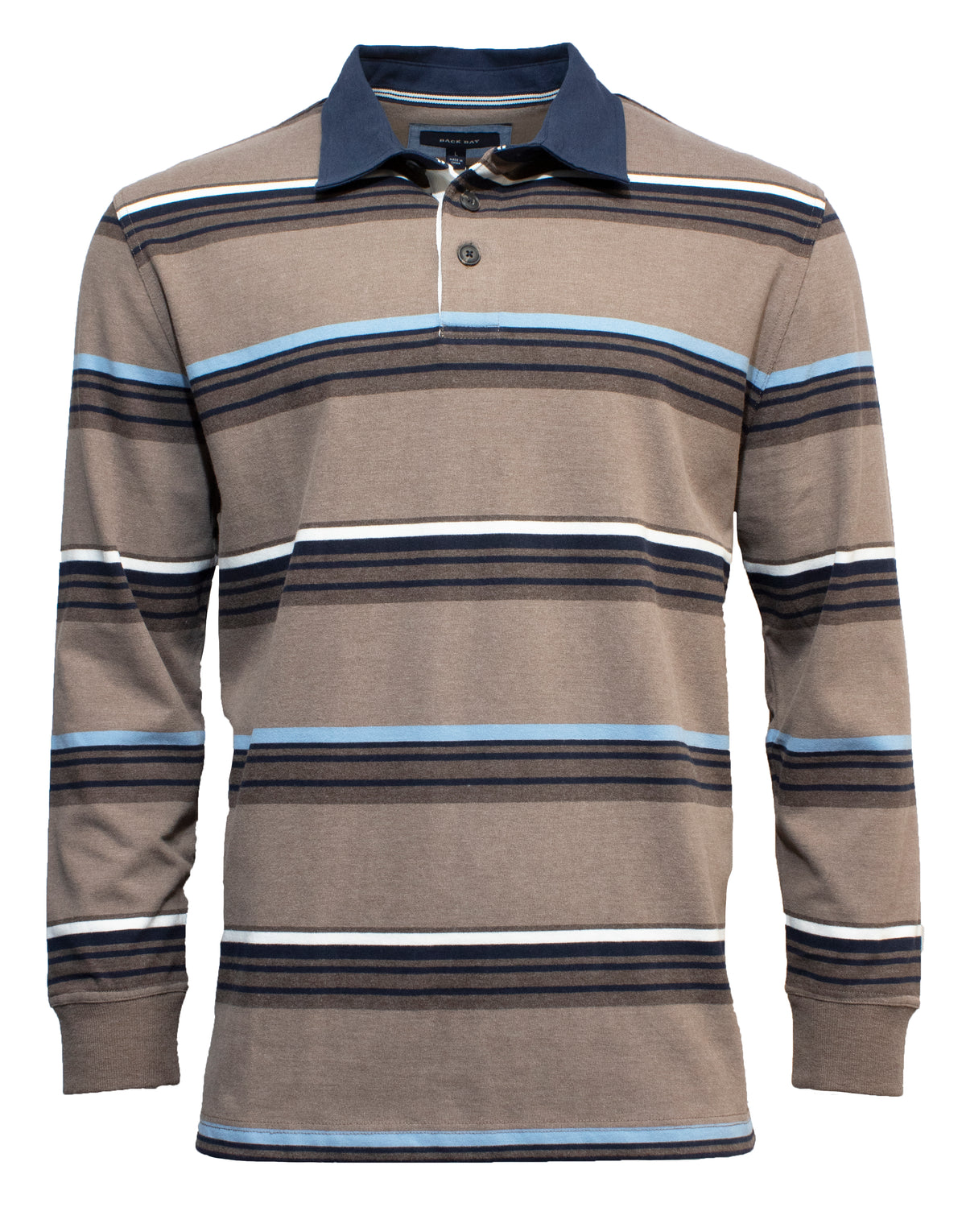 A comfortable, casual jumper from Back Bay, the Back Bay Cotton Stripe Rugby is a brown long-sleeve polo shirt made from a Cotton/Polyester blend. It features horizontal stripes in shades of blue, black, and white with a navy blue collar and a partial button placket showcasing one visible button.