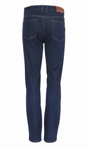 A pair of Workland Polar Fleece Stretch Jeans shown from the back. The dark blue denim jeans feature two rear pockets and visible stitching. There is a brown leather patch on the waistband. These stretch denim jeans are designed without any significant distressing or additional embellishments, perfect for comfortable everyday wear.