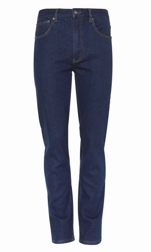 The Workland Polar Fleece Stretch Jean is a pair of dark blue, stretch denim jeans with a classic five-pocket design and a button closure at the waistband. Featuring visible yellow stitching along the seams and pockets, these jeans offer both comfort and style.