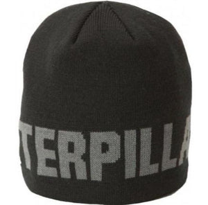 The CAT Branded Beanie features the word "CATERPILLAR" knitted in large gray letters encircling the lower portion of this black beanie. Made from thick acrylic fabric, this branded beanie looks warm and ideal for cold weather.