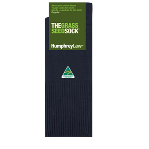 A package of navy blue socks labeled "Humphrey Law Grass Seed Sock - Short," made in Australia. The absorbent cotton blend design prevents seeds and sawdust from sticking, making them perfect for boots. The socks come in a regular size.