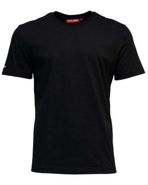The Hard Yakka Crew Neck T-Shirt is a plain black short-sleeve t-shirt, made from 100% cotton, with a round neckline. Displayed against a white background, this comfortable shirt features a small red tag on its sleeve and another red label on the inside of the collar.