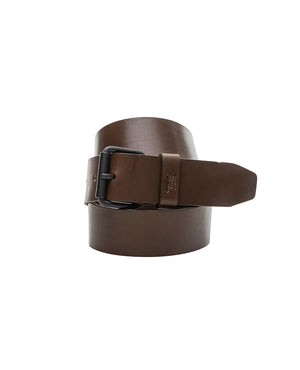 The Rodd & Gunn Anderson Avenue Belt, crafted from genuine dark brown leather with a smooth finish and detailed stitching near the buckle, features a sleek black square buckle. Presented in an upright position against a white background, it showcases its elegant design.
