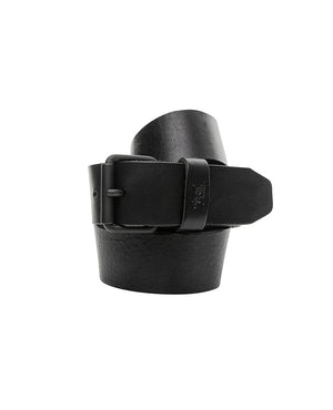 The Rodd & Gunn Anderson Avenue Belt, crafted from genuine black leather, features a square metal buckle. Coiled in a cylindrical shape, it boasts subtle stitching and an embossed logo near the buckle, highlighting its sleek design.