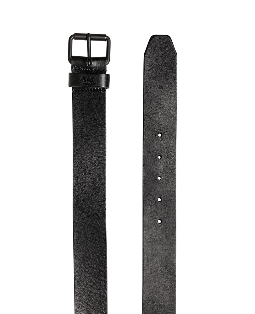 The Rodd & Gunn Anderson Avenue Belt is a black leather belt with a square metal buckle, stitched detailing near the buckle, crafted from genuine leather. It offers adjustable sizing with multiple holes and showcases the material's texture beautifully.
