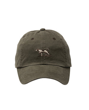 The Rodd & Gunn Signature Cap is a green cotton twill baseball cap featuring a small embroidered dog image on the front and an adjustable strap for the perfect fit.