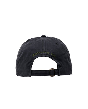 Back view of the Rodd & Gunn Signature Cap, featuring a black cotton twill material and a metal buckle adjustment strap. The text "RODD & GUNN" is embroidered in yellow thread above the opening of this distinctive cap.