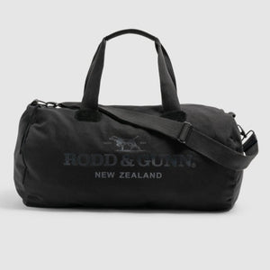 The Rodd & Gunn Richmond Road Duffle Bag, made from durable cotton canvas, displays the "Rodd & Gunn New Zealand" logo. It includes both carrying handles and an adjustable shoulder strap, shown against a plain light gray background.