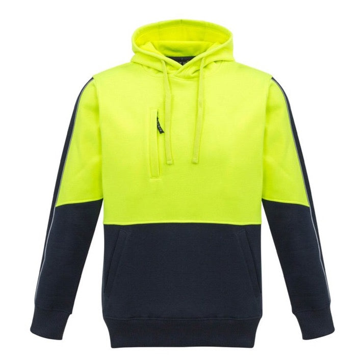 The Syzmik Pullover Hoodie boasts a striking design with a bright yellow top half and a dark navy blue bottom half. Made from durable polyester fleece, it features long sleeves with coordinating yellow and navy panels. For added convenience, it includes a front pocket on the lower portion and a zippered chest pocket.