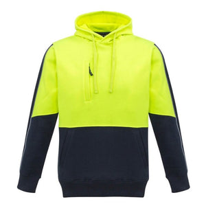 The Syzmik Pullover Hoodie boasts a striking design with a bright yellow top half and a dark navy blue bottom half. Made from durable polyester fleece, it features long sleeves with coordinating yellow and navy panels. For added convenience, it includes a front pocket on the lower portion and a zippered chest pocket.