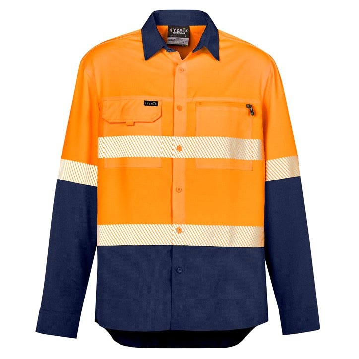 The Syzmik Hi Vis Light Weight Segmented Tape Shirt is a lightweight work shirt featuring a bright orange upper section and a navy blue lower section. It includes segmented taping with reflective horizontal stripes around the chest and arms, a button closure, and two front pockets – one with a flap closure and the other with a zip closure.