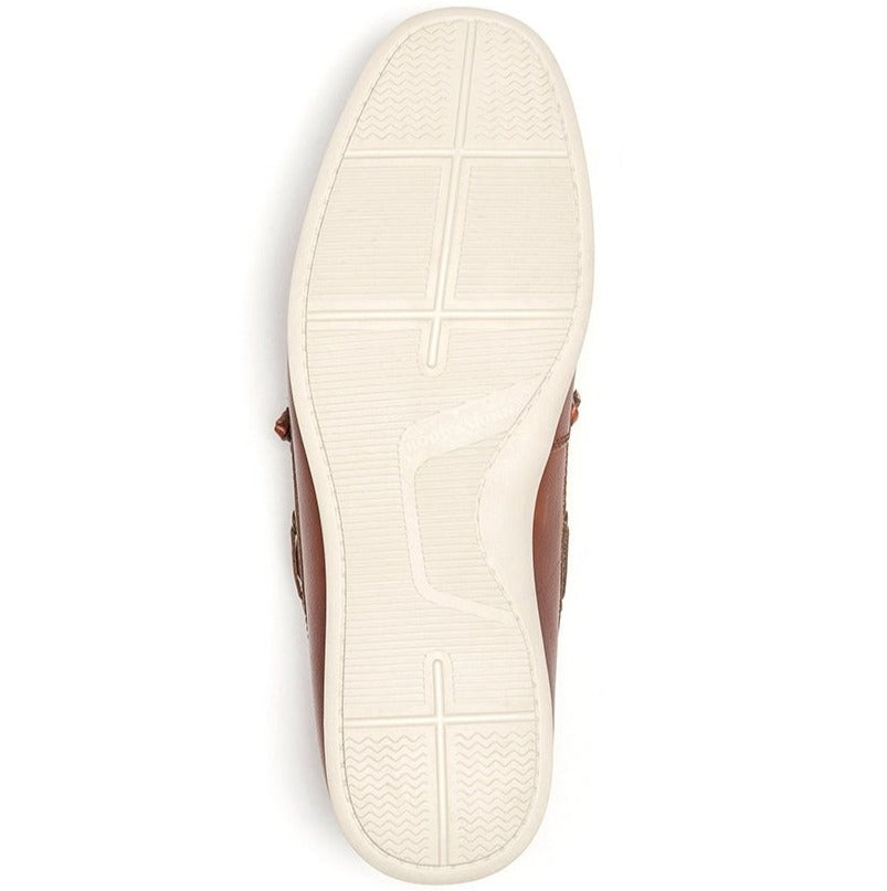 The image displays the underside of a single Rodd & Gunn Gordons Bay Boat Shoe in brown, featuring a white rubber outsole. This sole showcases various textured patterns such as zigzags and intersecting lines to enhance grip. The heel and toe areas exhibit distinct designs, suggesting added support and flexibility.