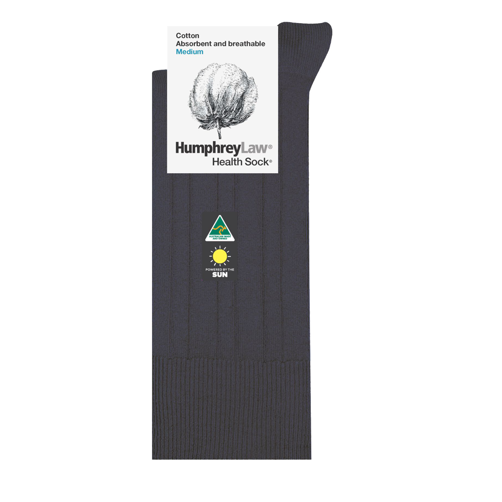 Image of a single dark-colored sock with a white label attached. The label reads "Cotton, Absorbent and breathable, Medium" with "Humphrey Law Pure Cotton Sock" and a cotton plant graphic. There is a logo with a green triangle and yellow sun indicating Australian Made. Perfect for those seeking lightweight breathable socks.