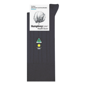 Image of a single dark-colored sock with a white label attached. The label reads "Cotton, Absorbent and breathable, Medium" with "Humphrey Law Pure Cotton Sock" and a cotton plant graphic. There is a logo with a green triangle and yellow sun indicating Australian Made. Perfect for those seeking lightweight breathable socks.