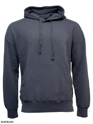 The Academy Brand Bondi Hood in Blue/Black features a drawstring hood, front kangaroo pocket, and long sleeves, shown against a plain white background.