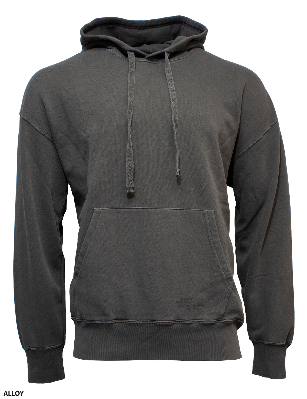 The Academy Brand Bondi Hood in alloy is a casual hoodie with a front pocket, drawstrings, long sleeves, and a relaxed fit for everyday comfort, displayed against a white background.