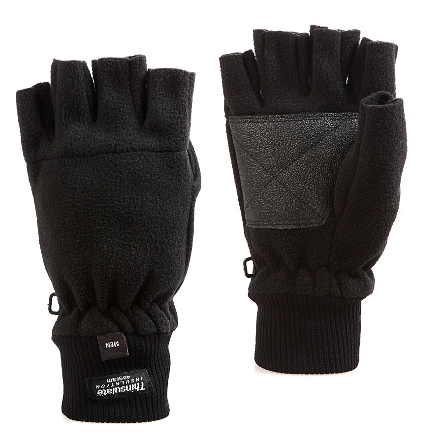 The Rainbird Peak Glove is shown in black with fingerless design, ribbed cuffs, and Thinsulate insulation. A small label adorns the cuff. The palm side includes a reinforced grip patch for extra durability. One glove is displayed palm up, while the other shows the back of the hand.