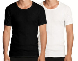 Two people are shown wearing Holeproof Aircel Short Sleeve Tees. The person on the left is dressed in a black tee, while the person on the right is in a white tee. Both snug-fitting shirts are ribbed and made from a cotton polyester blend. Only the torsos and necks of the individuals are visible.
