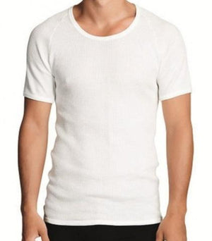 A person wearing a Holeproof Aircel Short Sleeve Tee stands against a plain background. The fitted, white ribbed T-shirt, made from a cotton polyester blend, features short sleeves and a crew neckline. The person is shown from the neck down to the hips.