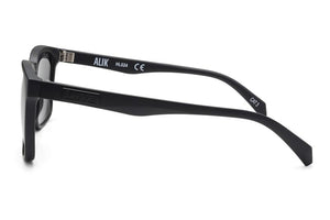 Side view of black rectangular Liive Alik Sunglasses with thick polycarbonate frames. Inside the left temple arm is marked "ALIK" and model details, fitted with optically correct lenses that provide UV protection.