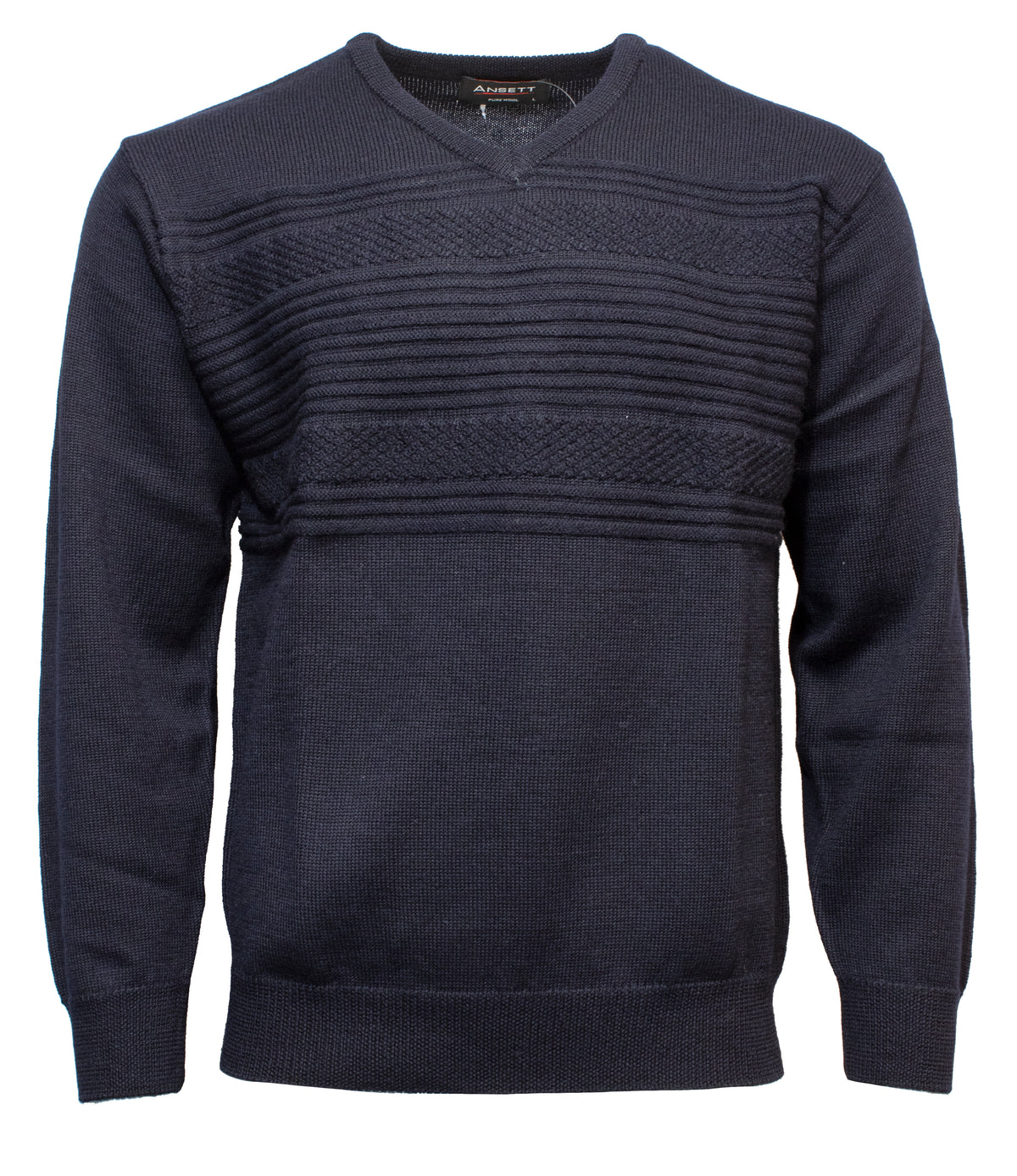 The Ansett Pure New Wool Vee Neck is a navy blue, long-sleeved 100% wool sweater with a V-neck, textured horizontal chest patterns, and ribbed cuffs and hem.