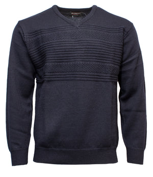 The Ansett Pure New Wool Vee Neck is a navy blue, long-sleeved 100% wool sweater with a V-neck, textured horizontal chest patterns, and ribbed cuffs and hem.