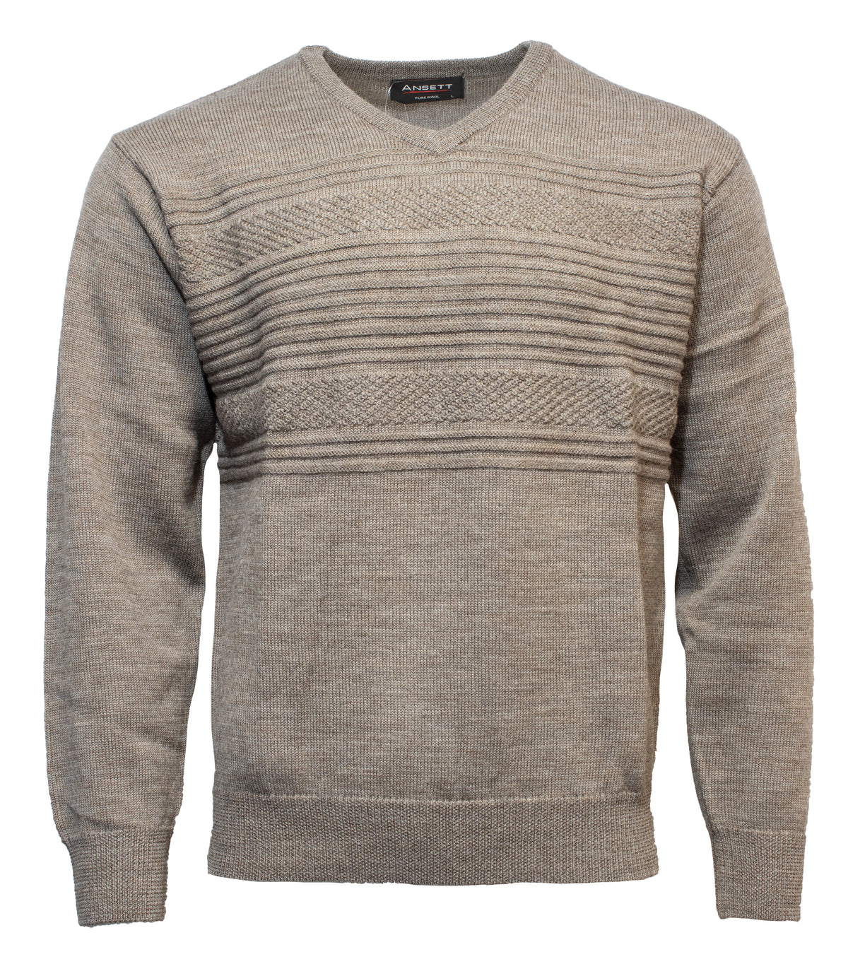The Ansett Pure New Wool Vee Neck is a light gray 100% wool sweater with a V-neck, long sleeves, and textured horizontal patterns across the chest and upper midsection.