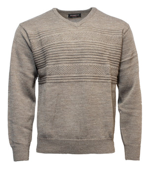 The Ansett Pure New Wool Vee Neck is a light gray 100% wool sweater with a V-neck, long sleeves, and textured horizontal patterns across the chest and upper midsection.