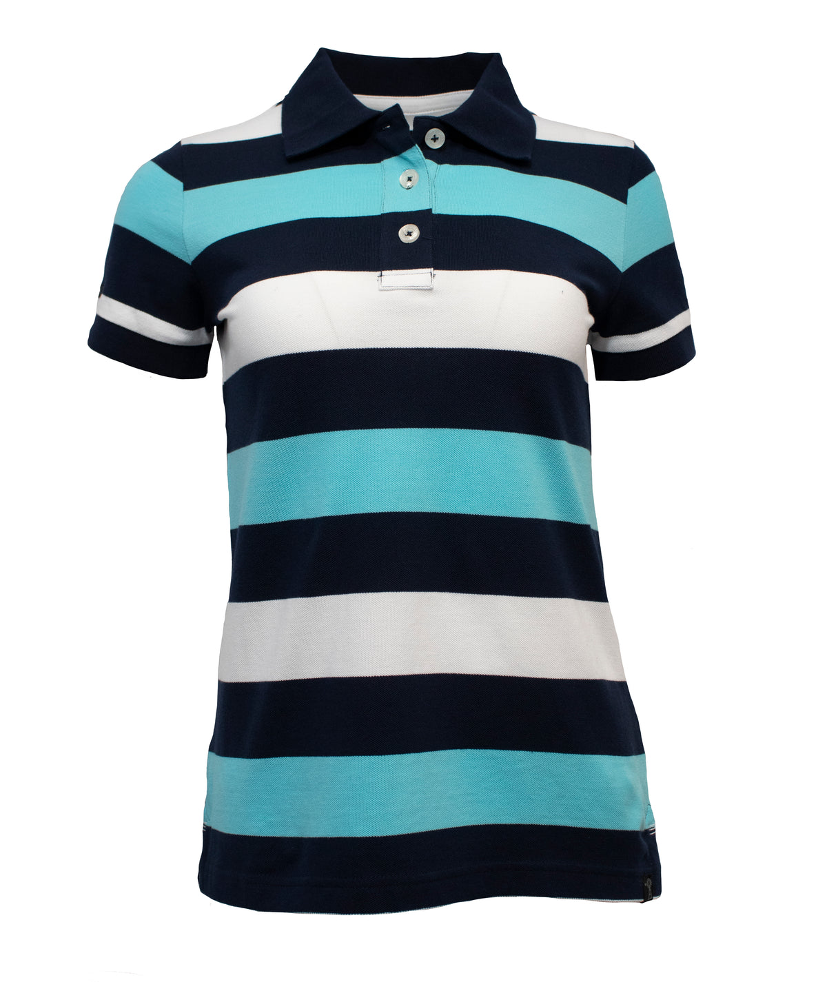 The Ritemate Pilbara Ladies Striped Polo Shirt is a casual, short-sleeved polo featuring wide, horizontal stripes in teal, dark blue, and white. Crafted from 100% cotton soft knit fabric, it includes a buttoned placket with two buttons undone for added comfort and style.