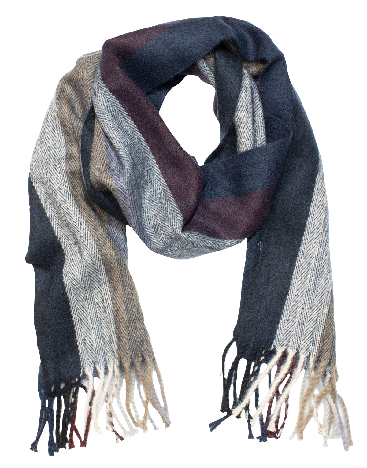 The Avenel Herringbone Scarf features a striped design with blue, gray, beige, and burgundy tones. Made from brushed acrylic, it is adorned with fringe details at the ends for added charm.
